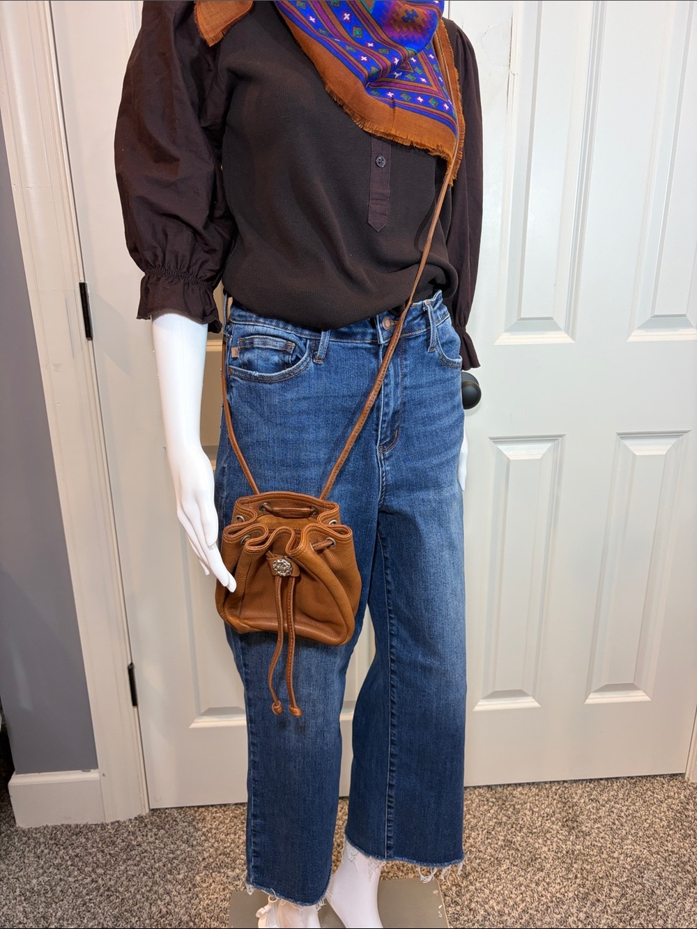 Brown Leather Drawstring Crossbody Bag - Women
